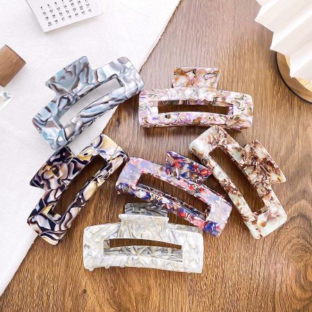 Wholesale Square Hollow Acetate Large Acrylic Crab Claw Hair Clips (5pcs) - A collection of wholesale square hollow acetate large acrylic crab claw hair clips in various popular colors and patterns.
