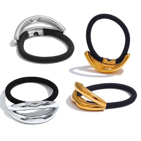 Lip Shape Stainless Steel Hair Tie Ponytail Holders (5 pcs) - A set of four Lip Shape Stainless Steel Hair Tie Ponytail Holders, two with gold and two with silver metallic lip-shaped clasps, displayed on a neutral background.