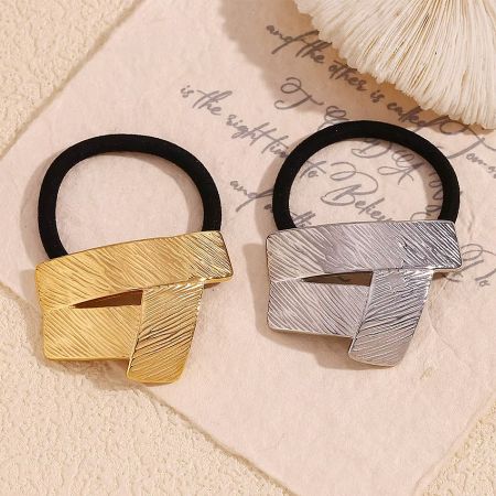 Girls Waterproof Stainless Steel Geometric Style Band Elastic Rope for Hair (5 pcs) - A pair of stainless steel geometric hair ties, one in a polished gold finish and the other in a sleek silver finish, displayed on a clean white background.