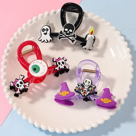 Halloween Cartoon Large Claw Hair Clips for Women & Girls (5 pcs) - A collection of colorful Halloween-themed large claw hair clips with various spooky cartoon designs.