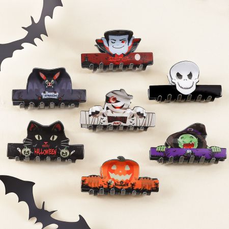Durable Acrylic Halloween Party Hair Clips (5 pcs Set) - A collection of colorful Halloween-themed acrylic hair clips, featuring various spooky and fun character designs.