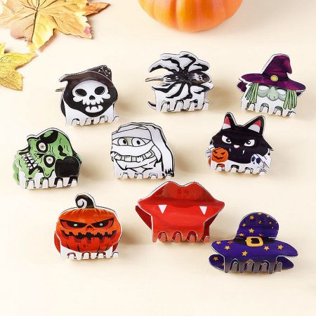 Pinces à cheveux en gros pour Halloween - Fantôme, Citrouille, Sorcière et plus de designs (5 pcs/ensemble) - Une collection de pinces à cheveux en forme de griffes colorées sur le thème d'Halloween, présentant divers designs comme des citrouilles, des fantômes et des chapeaux de sorcière, disponibles en gros.