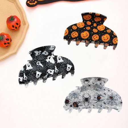 Glitter Halloween Hair Claw Clips - Ghost, Spider, Pumpkin (5 pcs) - A collection of glittery Halloween-themed hair claw clips featuring spooky designs like ghosts, spiders, and pumpkins.