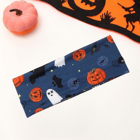 A dark blue Halloween headband with playful ghost, pumpkin, and bat designs.