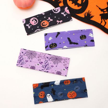 Sports Headbands Halloween Pumpkin Skull Hair Bands (5 pcs) - A collection of five fabric sports headbands with various Halloween designs, including pumpkins and skulls, displayed on a neutral background.