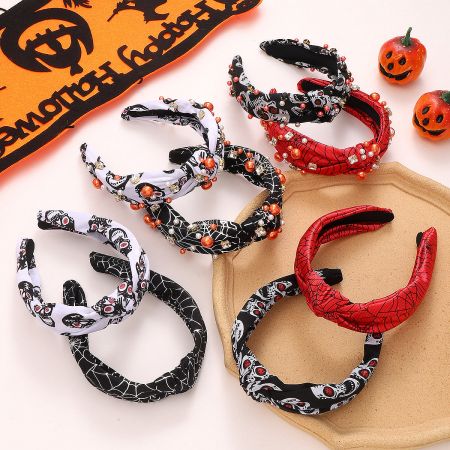 Beads Jeweled Knotted Hairbands for Halloween (5 pcs) - A collection of festive Halloween-themed knotted hairbands with various designs including spiderwebs, skulls, and bead embellishments.