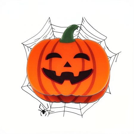 Festive product shot of the pumpkin hair clip with a spider web background.