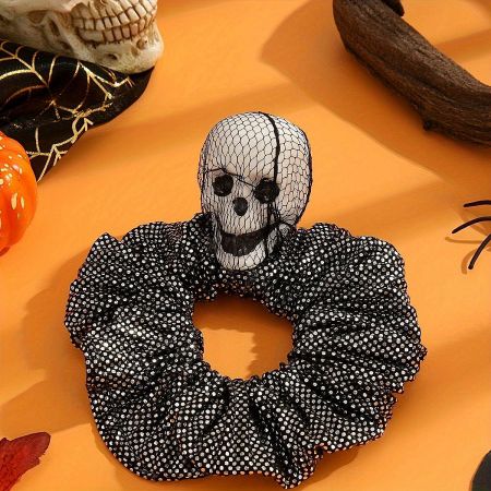Halloween Vintage Punk Skull Scrunchie Set (5 pcs) - A close-up of a black Halloween-themed scrunchie featuring a prominent white 3D skull decoration, perfect for punk and gothic styles.