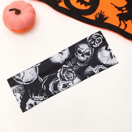A stylish Halloween headband featuring a rock-inspired design of skulls and roses.