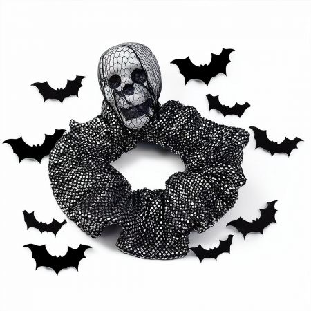 A Halloween scrunchie with a skull, ideal for costume parties.