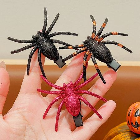 Three decorative spider hair clips in different colors for Halloween parties.