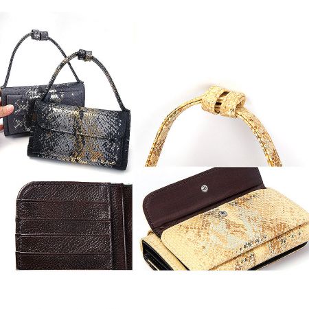 A collection of wholesale handbags and wallets, including the snake skin clutch.