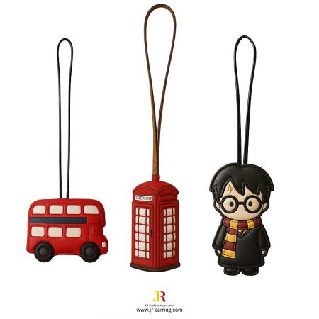 Custom Leather Bag Charms for the UK Market - A collection of custom leather bag charms with iconic UK themes, including a red London bus, a telephone booth, and a Harry Potter charm, offered by JR Fashion Accessories.