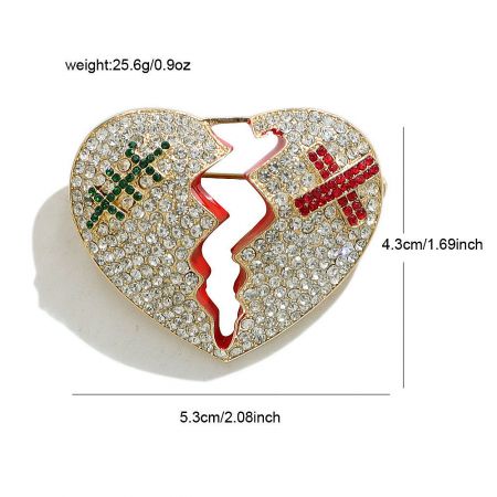 Rhinestone Cracked Heart Brooch with dimension details: 5.3cm width and 4.3cm height.