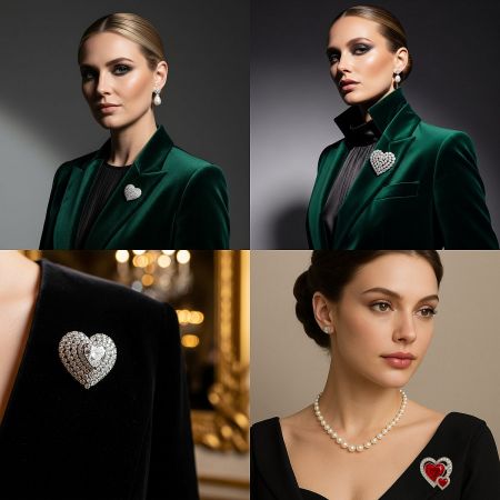 Models showcasing the versatile styling of the heart-shaped brooch on different outfits
