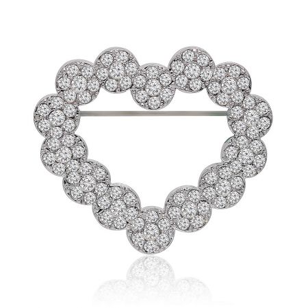 Rhinestone Heart Embellishment Brooch - Close-up of a high-quality rhinestone heart embellishment brooch, showcasing its sparkling clear crystal rhinestones on a silver-tone base.