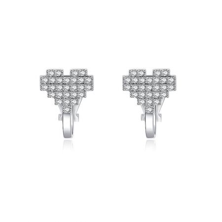 Heart Clip Earrings - A pair of rhodium-plated brass heart clip earrings, intricately paved with sparkling cubic zirconia stones, shown on a clean white background.