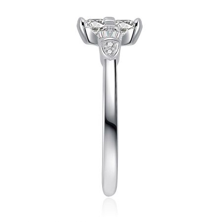 Angled view of the brass ring with rhodium plating, highlighting the sparkle of the cubic zirconia stones.