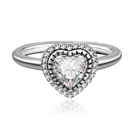 Romantic 925 sterling silver ring with a heart-shaped center diamond and halo.