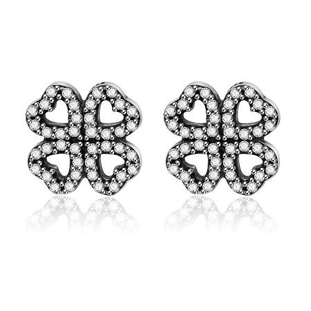 Silver Stud Hydrangea Earring - A pair of silver stud hydrangea earrings with heart-shaped cutouts and sparkling cubic zirconia stones, presented on a white background.