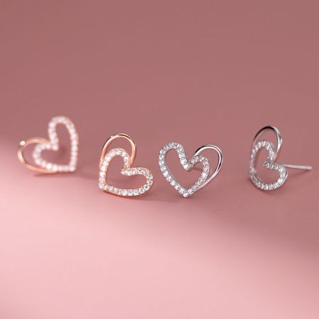 925 Silver Hollow Out Heart Stud Earrings (5 Pairs) - A set of 925 silver hollow-out heart stud earrings, showcasing both rose gold and silver finishes with sparkling gemstone details.