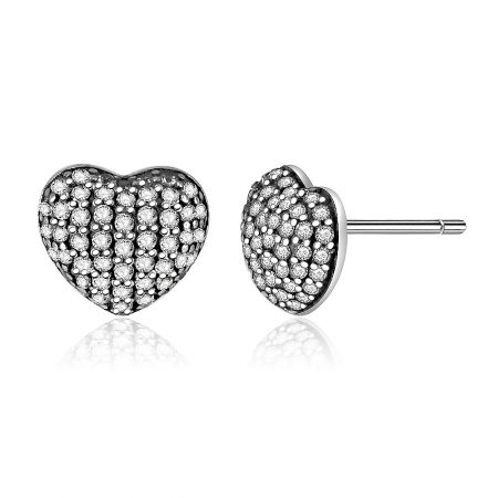 Close-up detail of the white zirconia pave on the heart-shaped sterling silver studs.