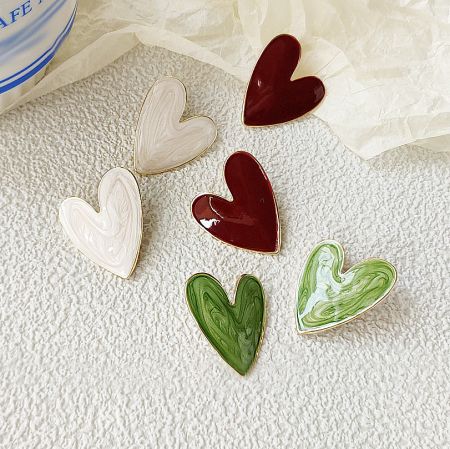 Vintage Style Big Enamel Heart Shape Stud Earrings (5 Pairs) - A set of vintage-style big enamel heart-shaped stud earrings in various colors including white, red, and green, displayed on a neutral background.