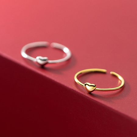925 Sterling Silver Minimalist Love Heart Opening Ring Set of 5 - A set of 925 sterling silver minimalist love heart opening finger rings, shown in both gold and silver finishes.