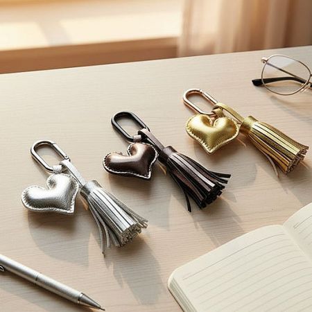 Wholesale Leather Bag Charms and Keychains - A collection of four stylish heart-shaped leather keychains in metallic silver, brown, and gold, offered by JR Fashion Accessories for wholesale.