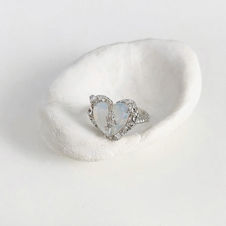 Fashion Silver Plated Adjustable Crystal Love Heart Open Finger Rings Set of 5 - A stunning silver-plated ring from the adjustable set, featuring a heart-shaped opal stone surrounded by sparkling crystal accents.