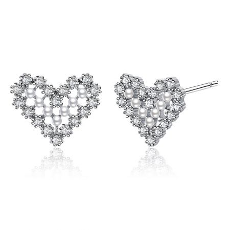 Angled view of the Rhodium Heart Pearl CZ Stud Earring, emphasizing the sparkle of the cubic zirconia.