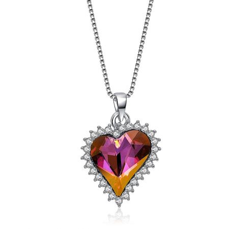 Side angle of the heart pendant necklace showing the gradient gemstone on its silver chain.