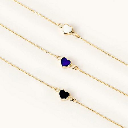 925 Sterling Silver Enamel Heart Charm Chain Bracelet Set of 5 - A set of three 925 sterling silver enamel heart charm bracelets in white, black, and blue, displayed together to showcase the color options.