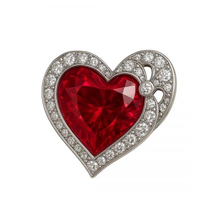 Luxury Heart Brooch with Ruby Center and Diamond Outline - Luxury heart-shaped brooch with a central ruby gemstone surrounded by sparkling diamonds, set in a silver-tone finish on a clean white background.