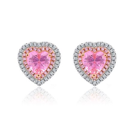 Heart Shape Gemstone I Do Earring - A close-up of the Heart Shape Gemstone I Do Earring, showcasing the central pink heart-shaped cubic zirconia surrounded by clear stones in a two-tone rhodium and rose gold setting.