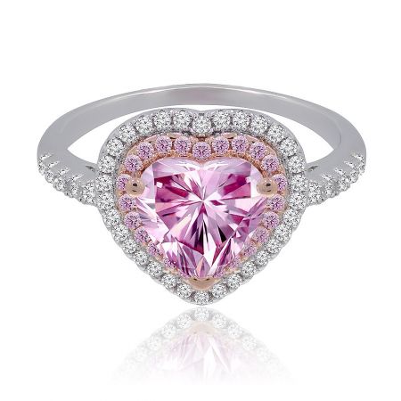 Heart Shape Gemstone I Do Ring - Front view of the Heart Shape Gemstone I Do Ring, showcasing the central pink heart-shaped cubic zirconia stone with a double halo setting and a two-tone rose gold and rhodium plated band.