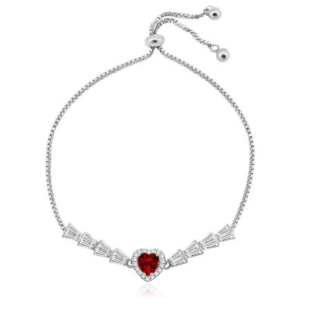 Red & White Heart Shape Tennis Bracelet Wholesale - A close-up of the Red & White Heart Shape Tennis Bracelet, showcasing the central heart-shaped red gemstone surrounded by sparkling white cubic zirconia stones on a rhodium-plated brass chain.