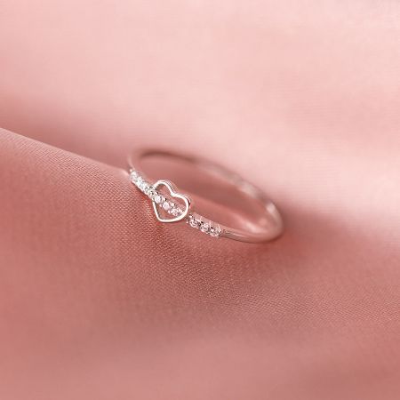 Adjustable 925 Sterling Silver Heart Rings - Set of 5 - A close-up of a beautiful 925 sterling silver adjustable heart ring with delicate gemstones, part of a set of five.
