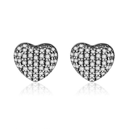 White Zirconia Mini Heart Ear Studs - A pair of White Zirconia Mini Heart Ear Studs in 925 sterling silver, featuring a pave of clear gemstones.