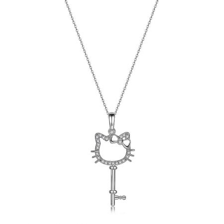 Cute Kitty Key Necklace with Cubic Zirconia - A close-up of the Cute Kitty Key Necklace, showcasing the rhodium-plated finish and sparkling cubic zirconia details on the key-shaped pendant.