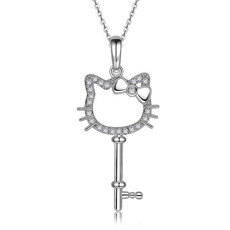 Angled view of the Cute Kitty Key Pendant, highlighting its intricate design and brilliant cubic zirconia stones.