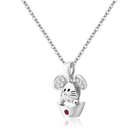 Angled view of the rhodium-plated Fortune Rat necklace, highlighting the shine and gemstone details.