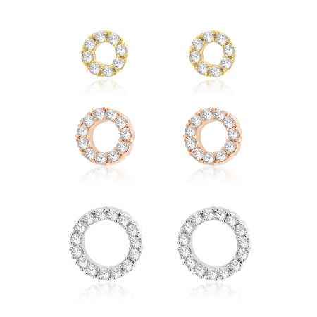 Pave Circle Stud Earring 3 in 1 Set - Pave Circle Stud Earring 3 in 1 Set, showcasing three pairs of stud earrings in gold, rose gold, and silver finishes, each adorned with sparkling cubic zirconia.