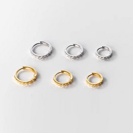 925 Sterling Silver Small Hoop Earrings (5-Pair Set) - A collection of 925 sterling silver small hoop earrings in three sizes, displayed in both silver and gold finishes on a clean white background.