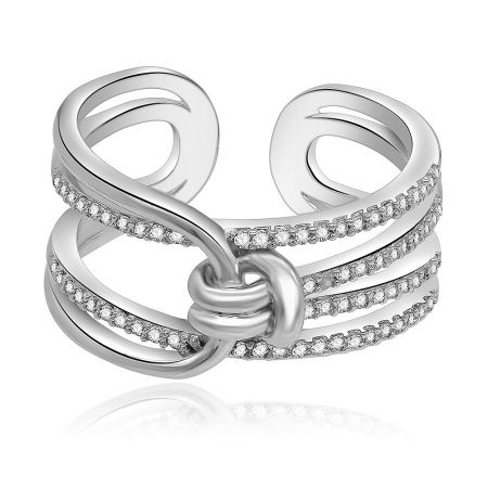 My Love Wide Knot Ring - Front view of the My Love Wide Knot Ring, showcasing its intricate three-band knot design adorned with brilliant white cubic zirconia stones on a rhodium-plated brass band.