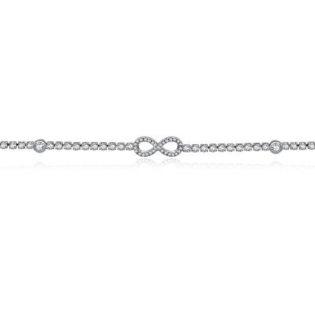 A detailed view of the infinity symbol charm on the tennis bracelet, highlighting the pave-set cubic zirconia.