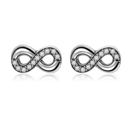 Silver Infinity Symbol Ear Studs - A pair of Silver Infinity Symbol Ear Studs in 925 sterling silver, featuring a delicate design with clear cubic zirconia gemstones.