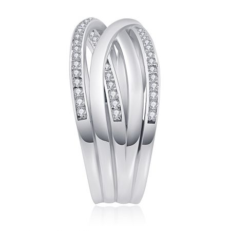 Angled view of the Crossover X Bliss Ring showcasing the intertwined band design with diamond accents.