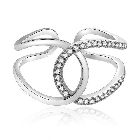 Criss Cross Wide Band Ring - A close-up of the Criss Cross Wide Band Ring, showing the intertwined rhodium-plated bands, one of which is encrusted with sparkling cubic zirconia stones.