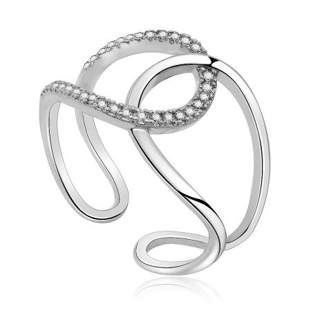 Side view of the Criss Cross Wide Band Ring, highlighting its intricate design and brilliant cubic zirconia stones.